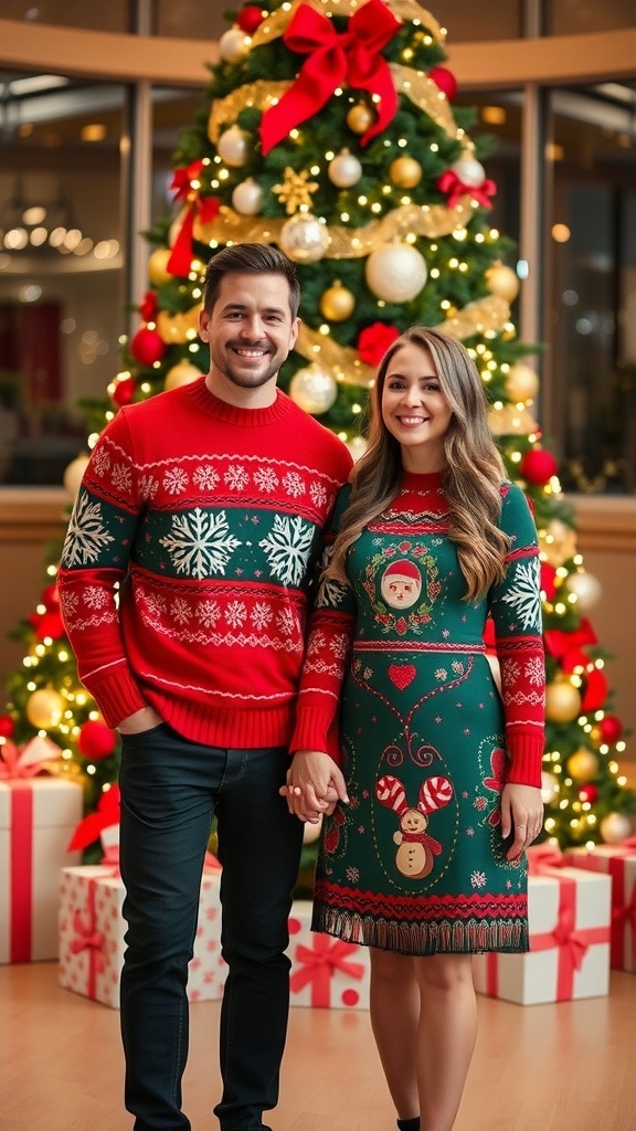 Stylish Christmas Outfits for Couples Couple in matching Christmas outfits by a decorated tree, showcasing festive spirit.